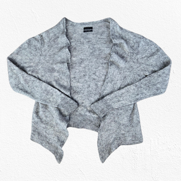 AllSaints Light Grey Open Front Wool Alpaca Cropped Cardigan Sweater Size XL - Picture 2 of 8